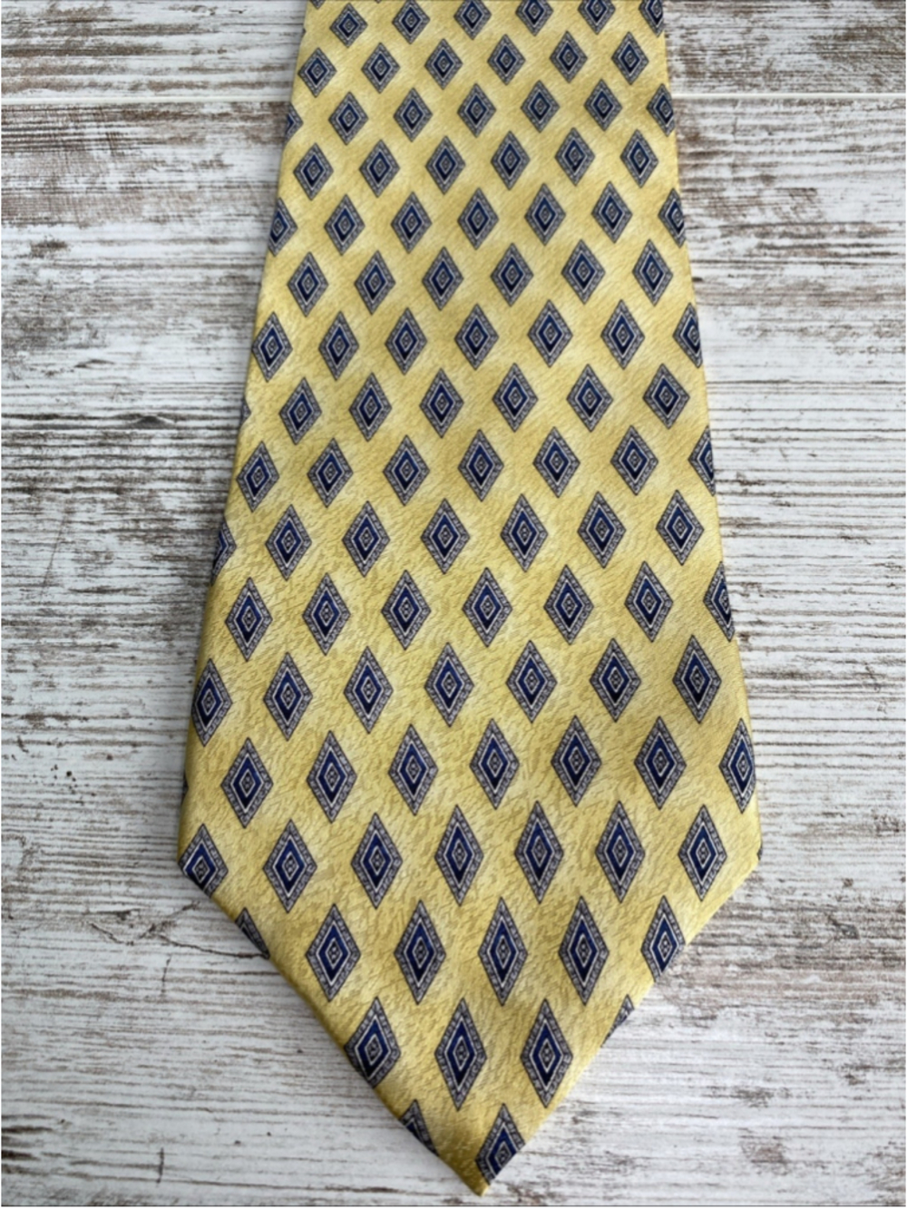 Stafford Silk Tie Yellow Gold Blue Geometric Diamond Vintage 4” Mens Necktie 56”